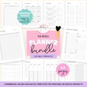 May include: A selection of printable planner templates with a minimalist design. The bundle includes pages for scheduling, goal setting, and tracking habits. The image features the text "PLANNER bundle" and "58 pages". The templates are designed for commercial use.