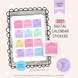 Puede incluir: Imagen de pegatinas de calendario digital para 2027, con calendarios mensuales en colores pastel. La imagen incluye una tableta que muestra las pegatinas de calendario, una pegatina de muestra y el texto "2027 Digital Calendar Stickers".