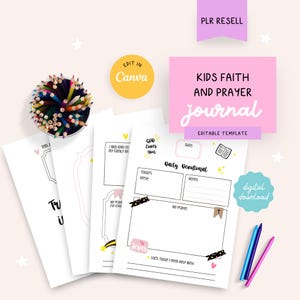 PLR Kids Faith and Prayer Journal Printable, Editable Canva Template, Commercial Resell Rights License, Daily Devotional, Digital Download