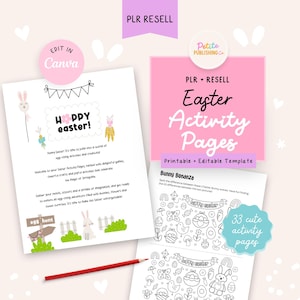 Pode incluir: Um pacote de atividades de Páscoa imprimível com 33 páginas para colorir, jogos e artesanato. A capa apresenta um coelho e o texto "Feliz Páscoa!" em uma faixa colorida.