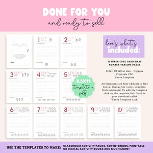 May include: A digital Christmas-themed number tracing activity pack. The pack includes 11 pages with numbers 1-10, with corresponding words and illustrations. The template is 8.5x11 inches and can be edited in Canva.