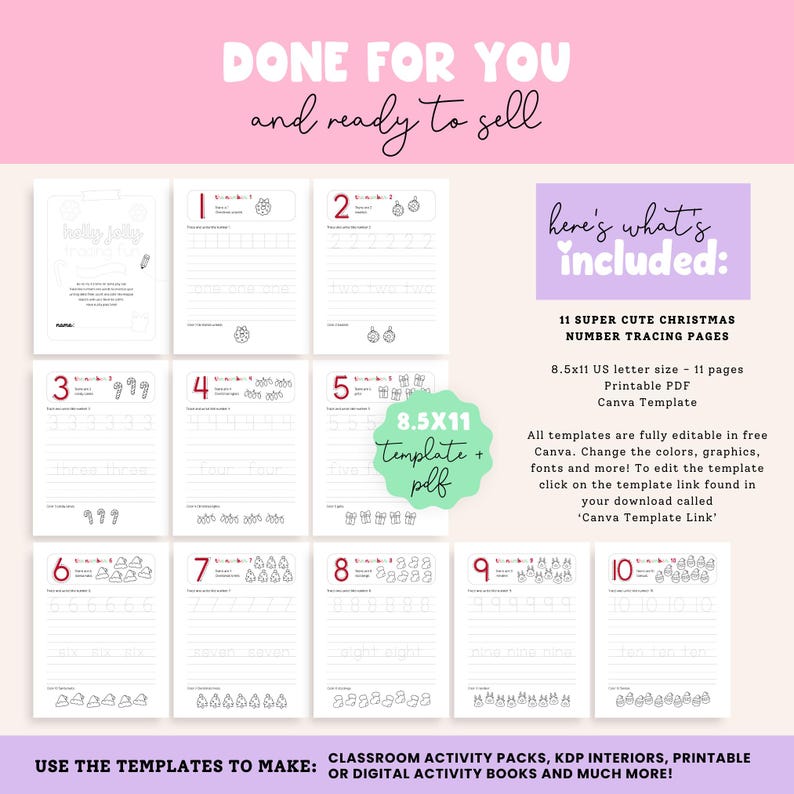 May include: A digital Christmas-themed number tracing activity pack. The pack includes 11 pages with numbers 1-10, with corresponding words and illustrations. The template is 8.5x11 inches and can be edited in Canva.