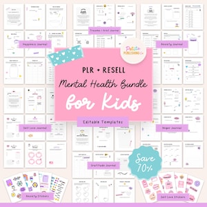 Pacchetto salute mentale per bambini, felicità, amore per se stessi, ansia, trauma + dolore, gratitudine, rabbia, modelli Canva, PNG stampabili e ritagliati, PLR