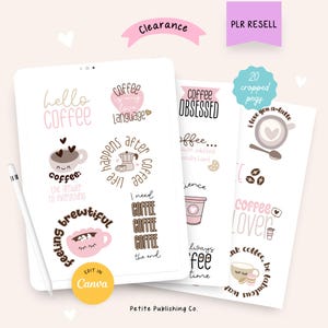 Pegatinas de café PLR, PNG recortados para planificador digital, plantilla editable de Canva, Goodnotes, producto de reventa MRR, uso comercial
