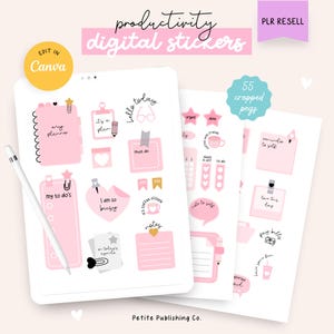 Productiviteitsstickers, PLR doorverkopen, plaknotities, digitale planner bijgesneden png-bestand, gewoontetracker-widgets, doel, canvassjabloon, goodnotes, roze