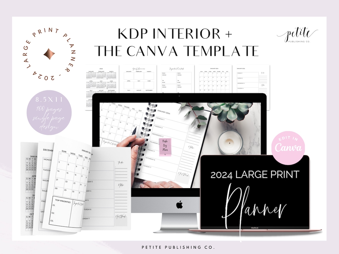 2024 Large Print Planner KDP Interior, Canva Template, Printable PDF