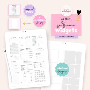 Puede incluir: Plantilla de widgets de autocuidado digital con un diseño minimalista. La imagen presenta una tableta con un diseño de planificador, PNG recortados y formas coincidentes. El texto incluye "PLR RESELL self-care widgets EDITABLE TEMPLATE".