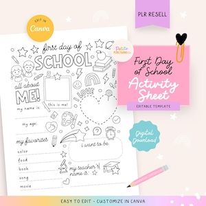 Folha de atividades para o primeiro dia de aula para imprimir, página para colorir "Tudo sobre mim", sala de aula, modelo editável do Canva, produtos PLR, download digital