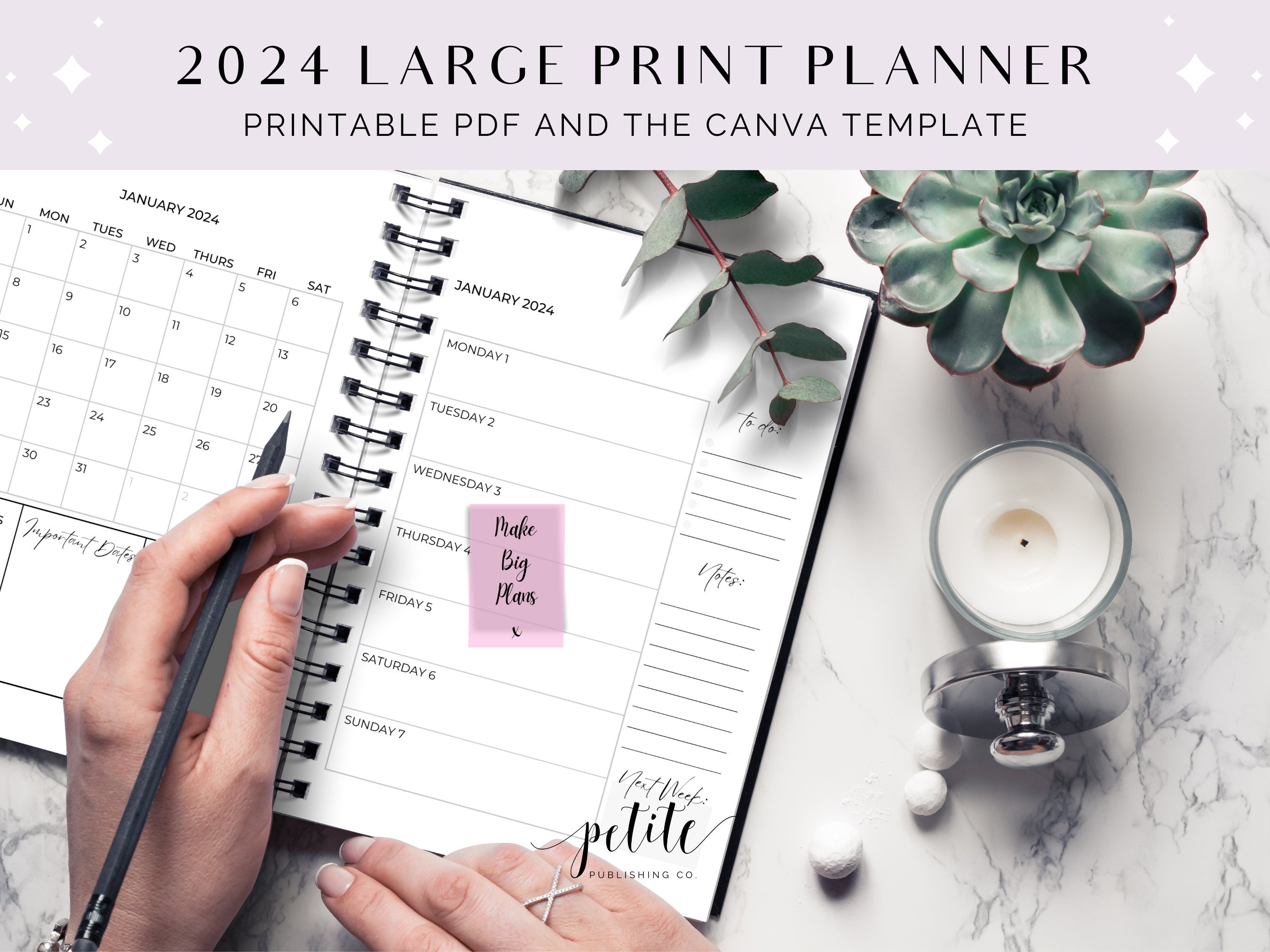 PLR 2024 Large Print Planner Printable PDF, Canva Template, Monthly
