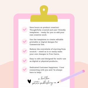 May include: A pink clipboard with a gold clip holds a white paper with text. A light purple pencil rests on the paper. The text promotes user-friendly templates for product creation, editable designs, and commercial use. The image includes the text "petite publishing co."