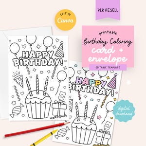 Verjaardagskleurkaart + envelop afdrukbare, bewerkbare canvassjablonen, kleur als cadeau voor kinderen, 5 x 7 + A7, PLR-product, MRR direct downloaden