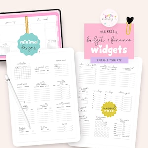 Puede incluir: Un conjunto de widgets minimalistas de presupuesto y finanzas, que incluyen plantillas editables para el seguimiento de ingresos, gastos y ahorros. El diseño presenta una combinación de colores rosa y blanco con fuentes manuscritas. El texto incluye "budget + finance widgets".