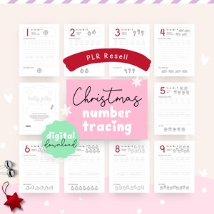 May include: A digital download of Christmas-themed number tracing worksheets. The worksheets feature numbers 1-9 with corresponding illustrations of ornaments, gifts, and other holiday elements. The text "Christmas number tracing" is displayed in a pink box.