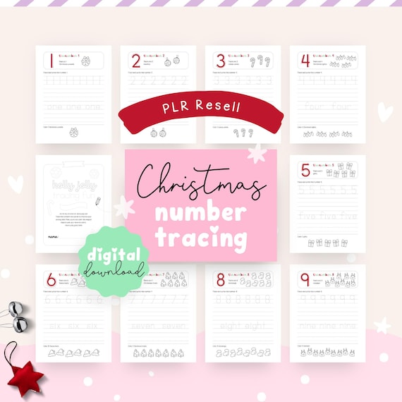 Christmas Number Tracing and Coloring Sheets, Holiday Activity Pages for Kids, Printable PDF, Editable Canva Template, PLR Commercial Use