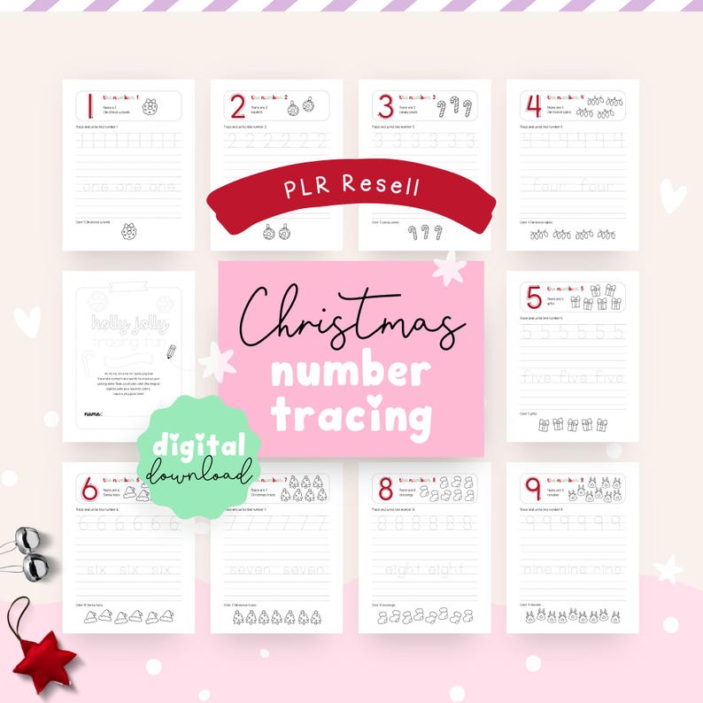 May include: A digital download of Christmas-themed number tracing worksheets. The worksheets feature numbers 1-9 with corresponding illustrations of ornaments, gifts, and other holiday elements. The text "Christmas number tracing" is displayed in a pink box.