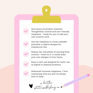 May include: A pink clipboard with a gold clip holds a white paper with text. The text includes phrases like "Save hours on product creation!" and "Commercial Use." A pink pencil rests on the paper. The image has a soft, feminine aesthetic.