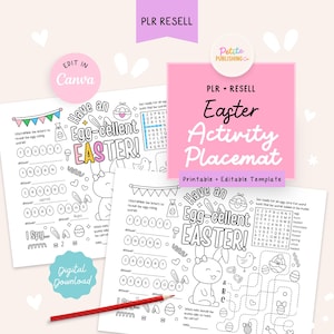 May include: A printable Easter activity placemat featuring a bunny rabbit, eggs, and a word search puzzle. The placemat has the text "Have an Egg-cellent Easter!" at the top.