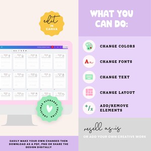 May include: A computer monitor displays a Christmas alphabet tracing worksheet. The image includes text that says "edit in Canva" and "What you can do: Change colors, fonts, text, layout, add/remove elements." The design can be resold as is.