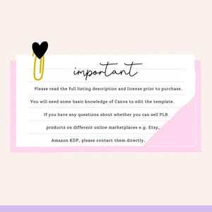 May include: A white paper with the word "important" in cursive, held by a gold paperclip with a black heart. Text on the paper advises reading the full listing description and license before purchase, and contacting marketplaces directly with questions.