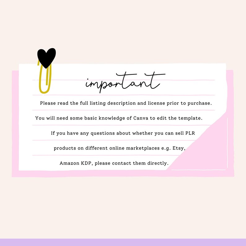 May include: A white paper with the word "important" in cursive, held by a gold paperclip with a black heart. Text on the paper advises reading the full listing description and license before purchase, and contacting marketplaces directly with questions.