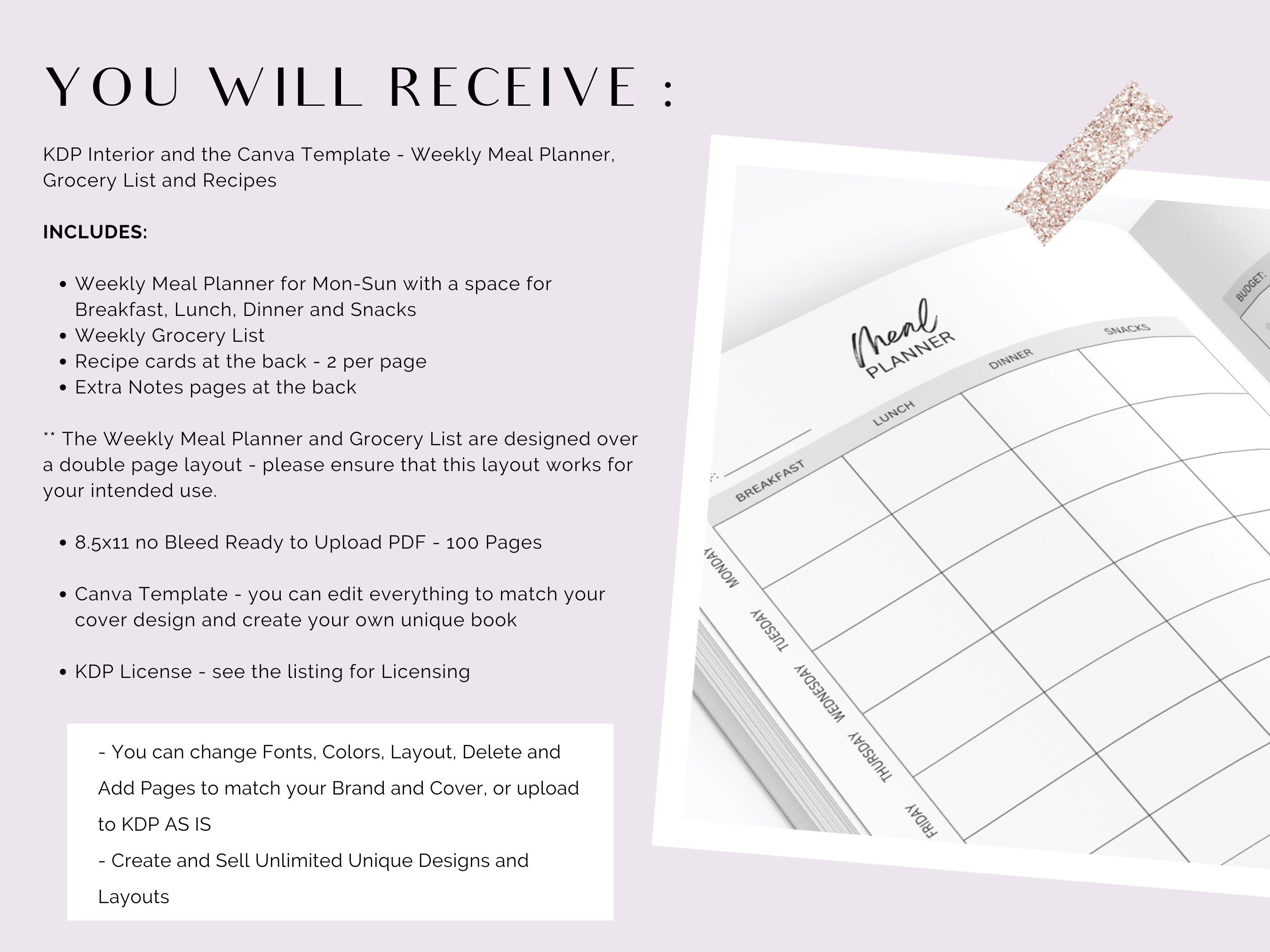 KDP Interior Weekly Meal Planner, KDP Template, Kdp Canva Template ...