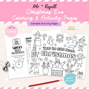 Christmas Eve Coloring & Activity Pages for Kids Printable PDF, Crossword, Maze, Wordsearch, Editable Canva Template, PLR, Instant Download