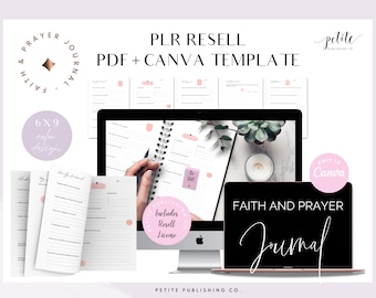 PLR Faith and Prayer Journal Printable PDF, Canva Template, Commercial Resell Rights, Bible Verse Study, Guided, Daily Devotional, FTH01