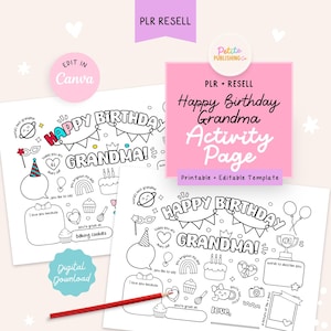 Happy Birthday Grandma Activity Page Printable, PLR Resell, Kids Coloring Sheet, Homemade Gift, Editable Canva Template, Digital Download