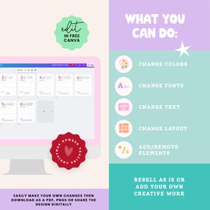 May include: A computer screen displays a Christmas number tracing template. The image includes text that says "edit in free Canva" and "What you can do: Change colors, fonts, text, layout, add/remove elements." A red badge says "Christmas Number Tracing".