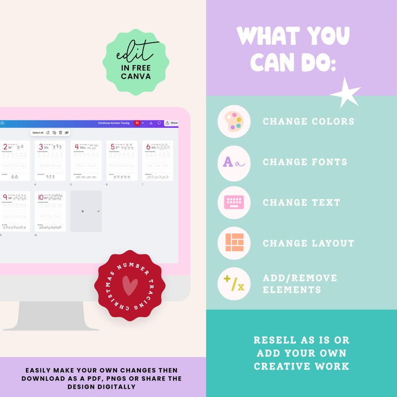 May include: A computer screen displays a Christmas number tracing template. The image includes text that says "edit in free Canva" and "What you can do: Change colors, fonts, text, layout, add/remove elements." A red badge says "Christmas Number Tracing".