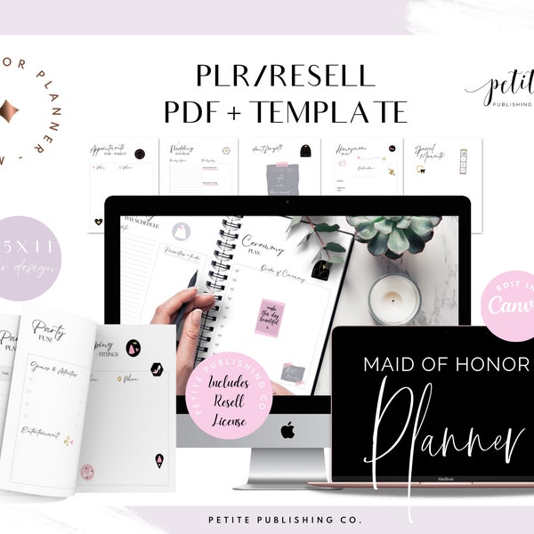 PLR Maid of Honor Planner Printable PDF, Canva Template, Bridesmaid, eBook, Wedding, Commercial Resell Rights License, Pink, Honeymoon