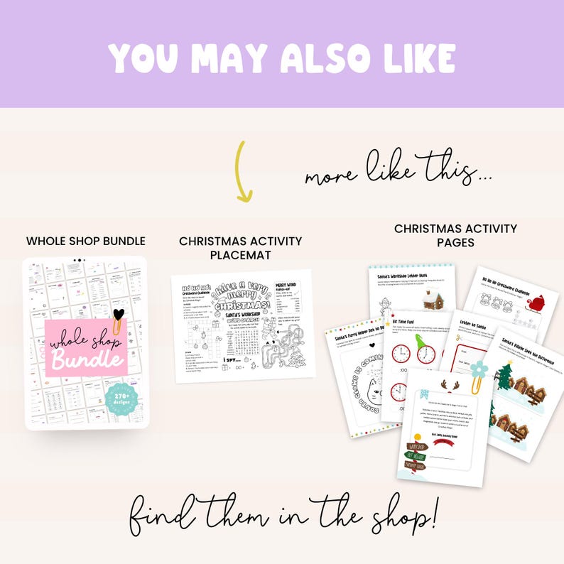 May include: A promotional image for Christmas-themed activity pages and a whole shop bundle. The image includes a Christmas activity placemat and several activity pages with festive illustrations and text. The text reads "You may also like" and "find them in the shop!"