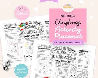 Christmas Activity Placemat Printable, Coloring Page, Kids Classroom Party, Wordsearch, Maze, Crossword, Editable Canva Template, PLR Resell