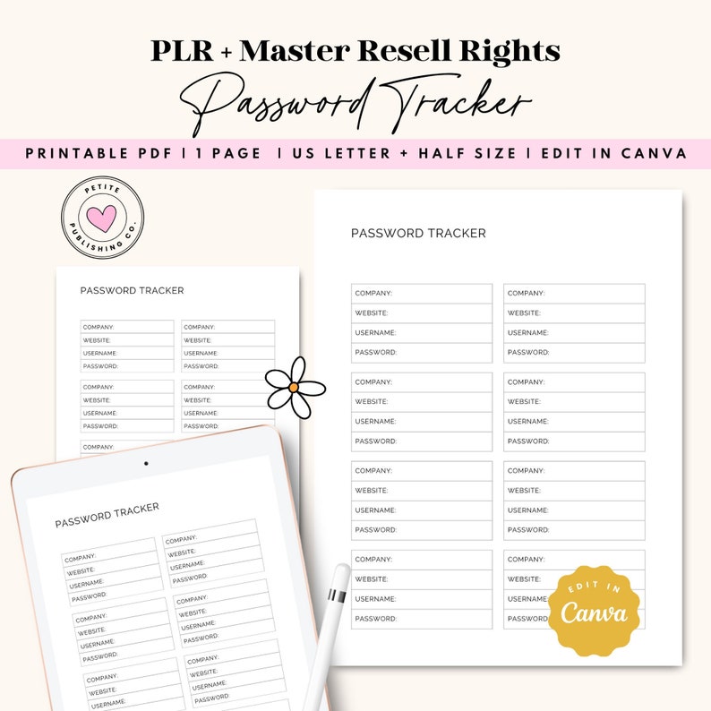 Editable Password Tracker Printable PDF, PLR Resell, Website Password ...