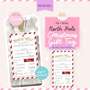 May include: Printable North Pole Christmas gift tag template with red and white stripes, gold text, and a check box for naughty or nice. The tag says "Special Delivery For: (name)" and "Checked Twice By: Santa".