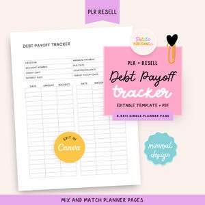 May include: A white debt payoff tracker template with a pink square featuring the text "Debt Payoff Tracker". Includes a yellow circle with "Edit in Canva" and a blue circle with "minimal design".