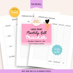 Large Print Monthly Bill Tracker Printable, Budget Finance & Bill Checklist, Year Overview, Expenses, Editable Canva Template, Seniors, PLR
