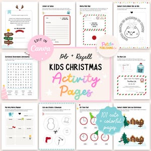 PLR Christmas Activity Pages for Kids, PLR Resell, Holiday Coloring Sheets, Canva Template, 101 Super Cute Printable Pages, Commercial Use