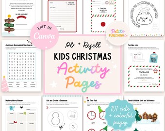 PLR Christmas Activity Pages for Kids, PLR Resell, Holiday Coloring Sheets, Canva Template, 101 Super Cute Printable Pages, Commercial Use