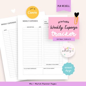 Seguimiento de gastos semanales imprimible, presupuesto simple, lista de pagos, facturas, registro de gastos familiares, mamá, plantilla editable de Canva, reventa PLR MRR