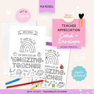 Biglietto di ringraziamento per l'insegnante + busta stampabile, modelli Canva modificabili, regalo di ringraziamento da colorare, 5x7 + A7, prodotto PLR, download immediato