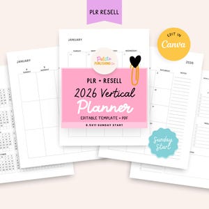 May include: A pink and white printable 2026 vertical planner with a Sunday start. The planner is 8.5x11 inches and includes a monthly calendar, weekly spreads, and notes pages. The planner is editable and can be used for personal or professional use.