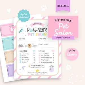 Op de afbeelding: Een digitaal downloadbare sjabloon voor een speelgoed-dierensalon, met een roze en wit ontwerp. De sjabloon bevat een servicemenu, een prijslijst en ruimte voor informatie over huisdieren en eigenaren. De tekst bevat "P-aw-some Pet Salon".