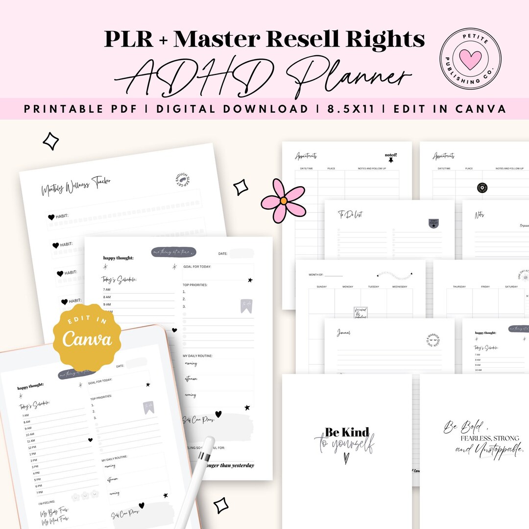 ADHD Planner Adult Printable Digital PLR RESELL Mental Etsy