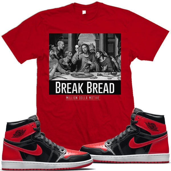 Jordan Retro 1 OG High Patent Leather Bred 1s : Red Sneaker Shirt to Match BREAK BREAD