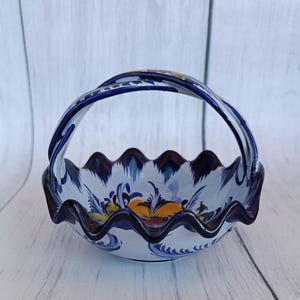 Artisanal Portuguese Blue & Flowers Basket, Hand Painted Ceramic Decor for Home, Unique Gift Idea, Boho Decor, Cottage and Beach House Decor