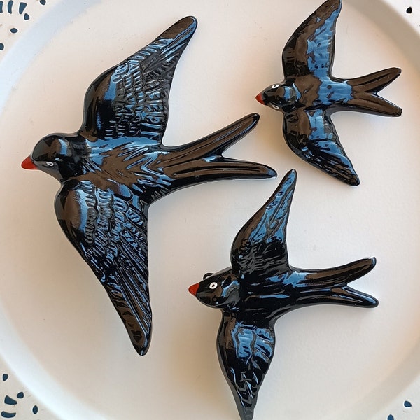 Set of 3 Glazed Black Swallows to Hang Inside and Outside the Home, Hapiness, Bird, Portuguese Swallow, Gift, Family, Tradicional, Clay