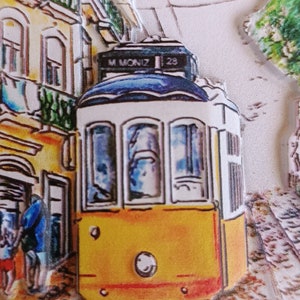 Magnes na lodówkę Lisboa, niski relief, portugalski tramwaj piękny, klasyczny, wystrój domu, tradycyjny, kolorowy, kuchnia w domku, prezent dla każdego