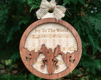 Joy to the World Laser-Engraved Christmas Ornament, Angels, Sheet Music, gift