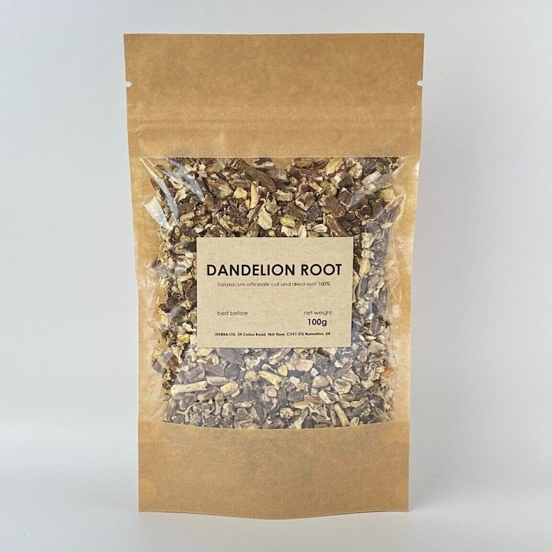 May include: A brown paper bag with a clear plastic window containing dried dandelion root. The label reads "DANDELION ROOT Taraxacum officinale cut and dried root 100% best before net weight 100g".